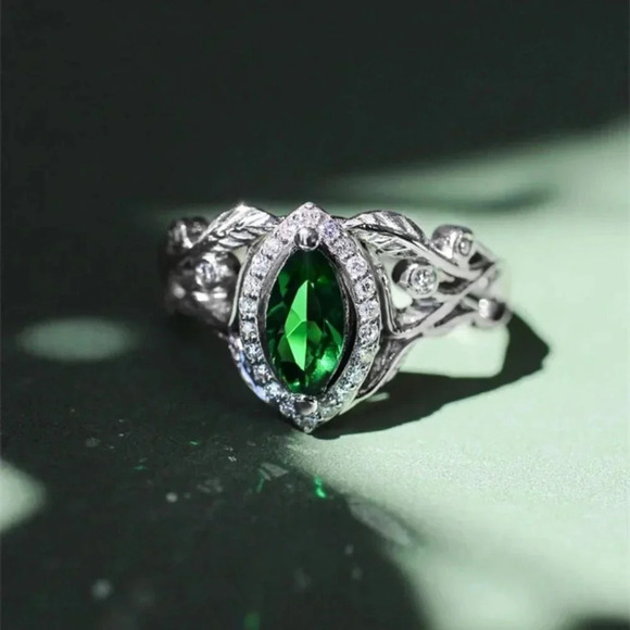 Emerald Marquis Gem Leaf Weave Silver Noble Rings for Women, MARR9098 - Picture 1 of 7